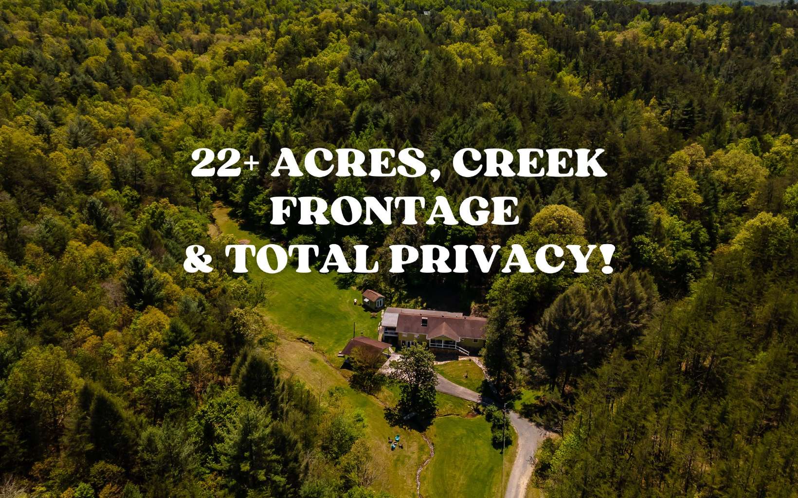 Calling ALL Developers! 22+ acres with mountain views, pasture, creek frontage AND you can boast In-town-living conveniences but total privacy! Wonderfully usable land w/ a year round creek meandering through the middle. Take the logging road up to the top of the mountain where you will find numerous building sites and mountain views. Or, just settle in at this totally private, one level, renovated ranch home w/ a kitchen that dinner party dreams are made of. Butlers pantry, massive Quartz island, spacious dining, upgraded appliances incl. gas range and add'l wall oven. Wonderful primary suite w/ an abundance of storage/closet space & a spa-like bath. Private outdoor shower & outdoor living space over looking the pristine property. Don’t miss the artist studio w/ heat/air, the party cave & ample basement storage/workshop. Totally private oasis only 10 min from downtown Blue Ridge!