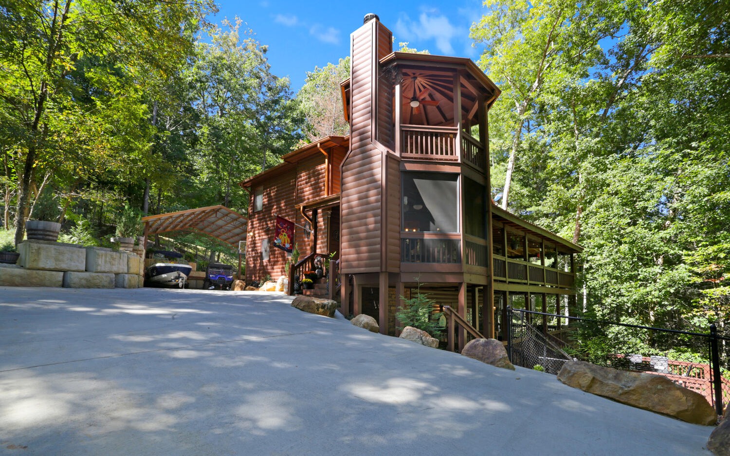 Enjoy this upscale Vacation Home in the Mountains right off the lake and in the heart of the Aska Adventure area and Necowa Cove. Room for all your guests - 3 suites and pull outs in basement. House designed for all your vacation needs. jacuzzi/fire pit/ covered porches/ outdoor fireplace/ green house / and covered pole barn for any and all toys. Decks have been expanded by 1600 square feet and over 900 sq feet of decks to the end of property which has a covered area for grilling and out door dining. Home has been recently been painted inside and out. Newer kitchen appliances and countertops. All lighting and fixtures are brand new. Home comes partially furnished. See attached furniture list. Come make yourself at home at your home away from home!