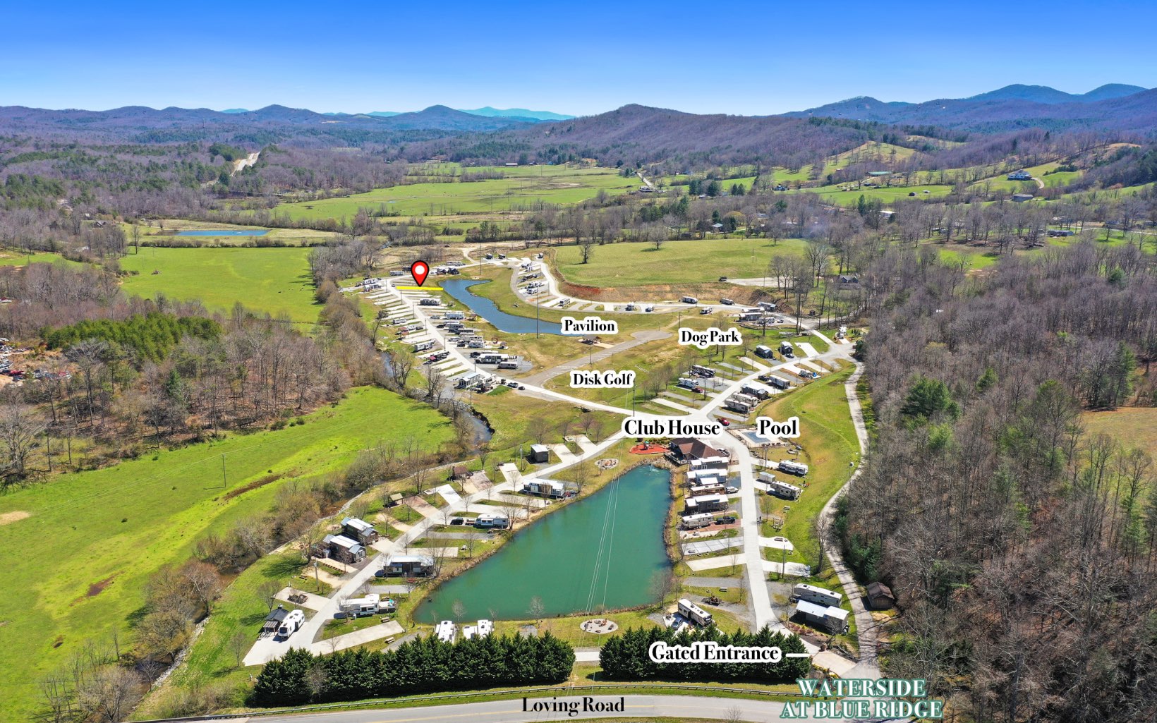 ESCAPE TO WATERSIDE AT BLUE RIDGE. Just Minutes from downtown Blue Ridge this gated RV and Tiny Home Community offers it all. Clubs House,Playground, Community pool, Community fire pits, Hot tub,Laundry Facility, and surrounded by the Chattahoochee National Forest. Community Kitchen with Wood Fired Pizza Oven, Fire Pits, Kayak Racks and Tubing. Don't forget a dog park for your furry best friends! Build a Tiny Home or bring your RV. Income possibilities are endless. Make North Georgia your getaway in the Mountains. This site is located in Phase 2. https://www.watersidegeorgia.com/site-map/