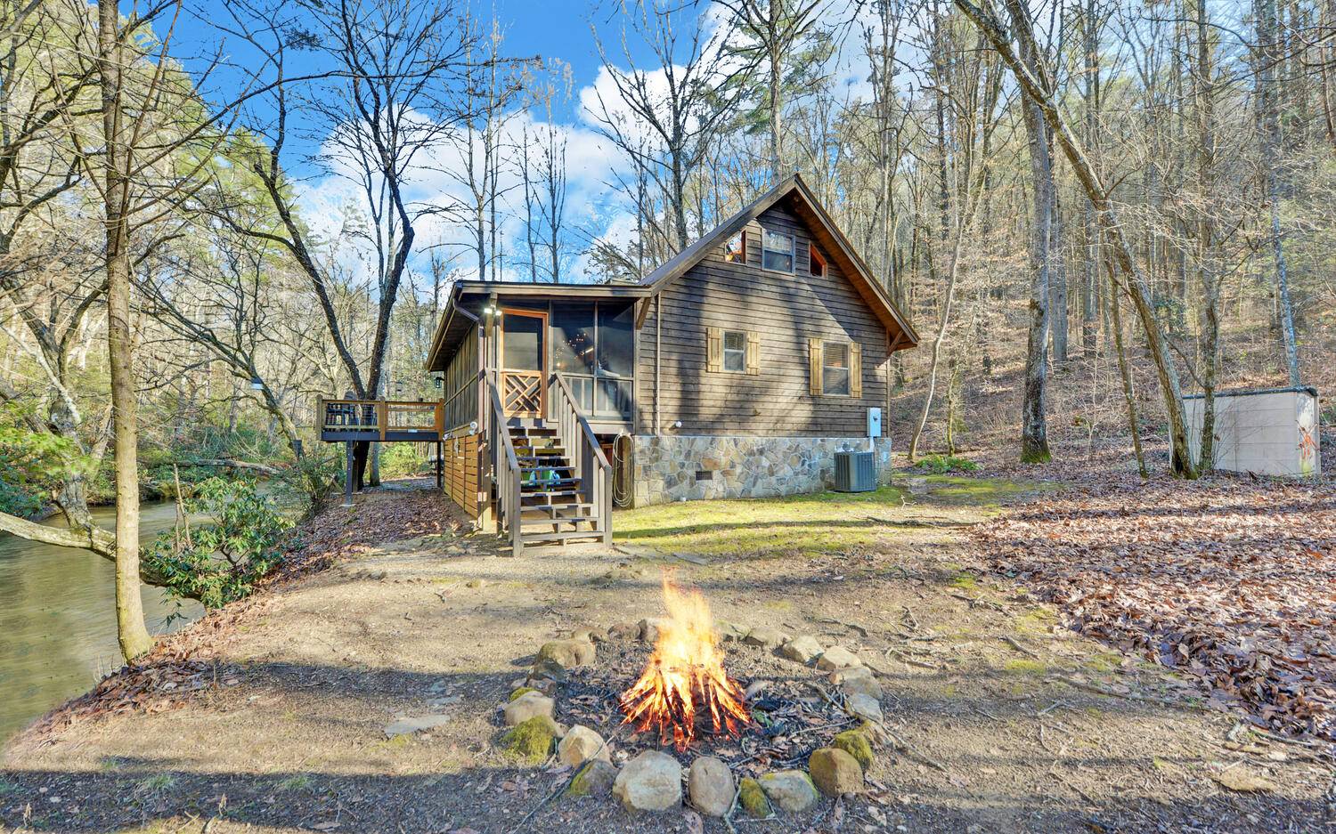 RARE,Gorgeous property on the Toccoa River w/ U.S. National Forest Boundary! Upon walking into this furnished settler's cabin,you will feel at home in the great room cozying up next to the wood-burning insert,Soaring wood ceilings with exposed pine beams.Listen to the rain on metal roof! Wide plank pine floors,large glass door to bring the light in which opens to the over-sized screened-in porch and an open deck at the water's edge.Watch the rainbow trout as you feed them from the deck in a beautifu section of the river with boulders.Only a few easy steps to the water's edge.In the kitchen, you'll find granite counters with lots of cabinets & stainless steel appliances.Master bedroom on the main level,1 Bathroom and Washer/Dryer.Upstairs includes private sleeping loft that overlooks the fireplace. End of the road privacy in a rental friendly neighborhood! Nothing like this available on the Toccoa River!