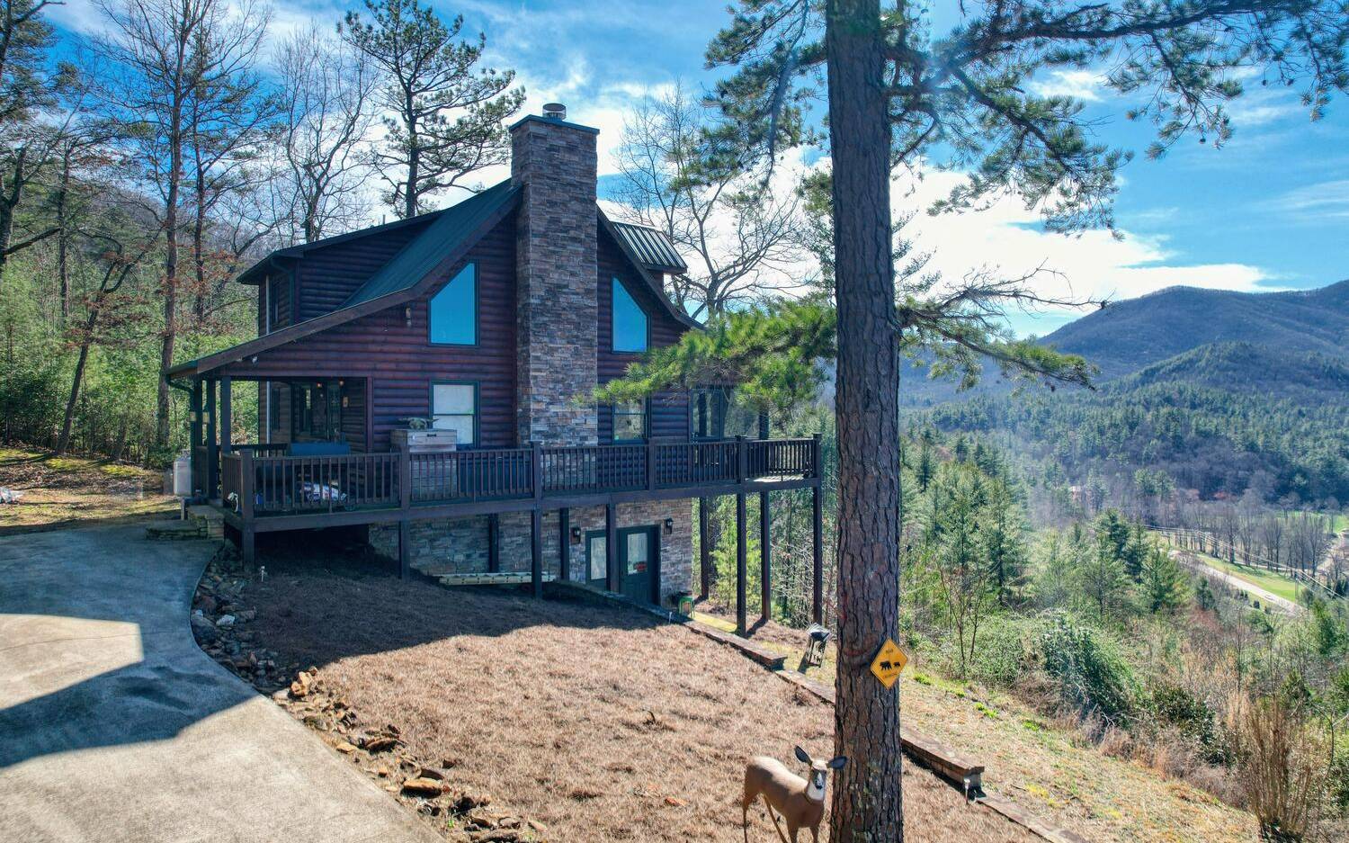 Amazing long range year round views from this 3 bedroom 3 bath sold furnished cabin in the Northeast Georgia Mountains. Concrete drive. Home features floor to ceiling fireplace with beautiful rock work. Flooring is white pine, High cathedral ceilings. Master bedroom on upper level but could also make the main level bedroom your master. Finished basement comes complete with a wet bar, lower level would be perfect for a man cave or even a woman cave, whatever you want to make of it. Views from all levels of home. If you like your privacy this is the perfect mountain home for you. Use as full time home or vacation home. Can also be a vacation rental. Only minutes from town and a close drive to Helen or Clayton Ga. 2 hours from Atlanta. If you love wildlife this home has an abundance of different wildlife to watch and enjoy!